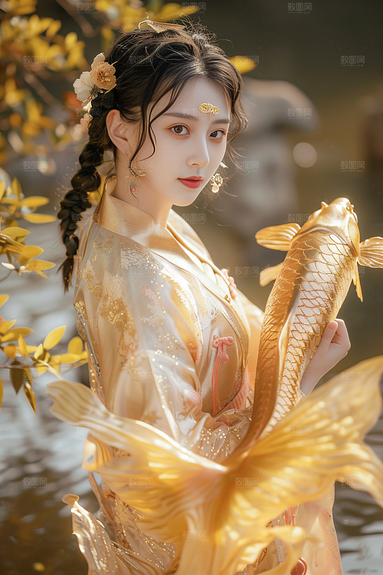 锦鲤汉服美女优雅古风素材