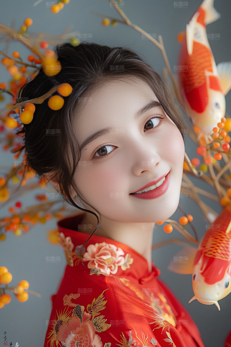 锦鲤汉服美女中国风吉祥素材