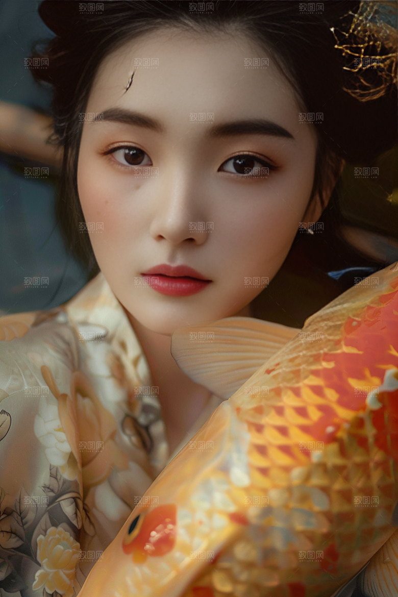 锦鲤汉服美女中国风吉祥素材