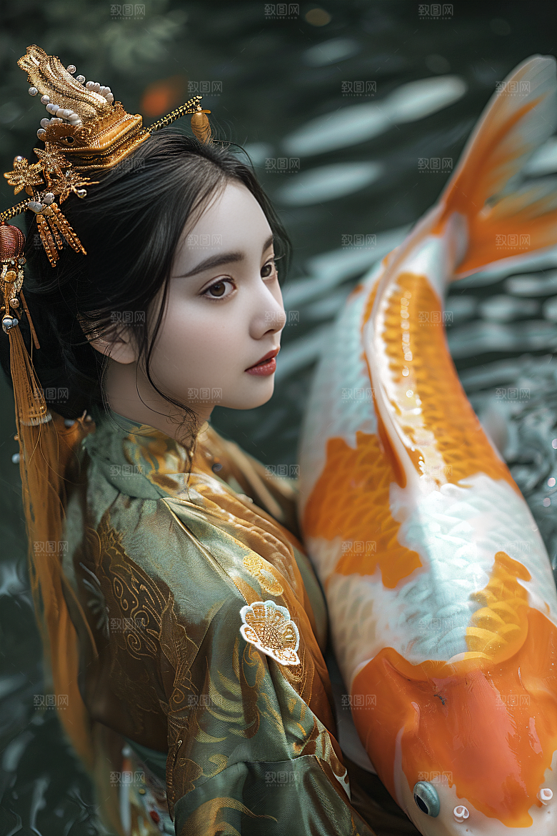 锦鲤汉服美女吉祥金鱼素材