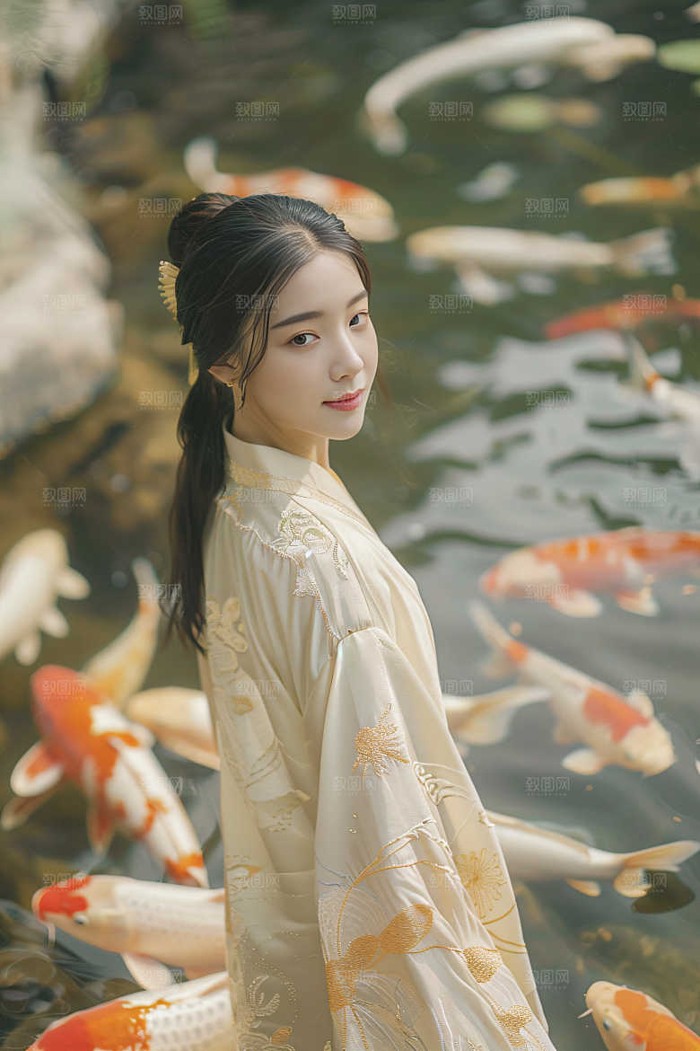 锦鲤汉服美女唯美古风素材