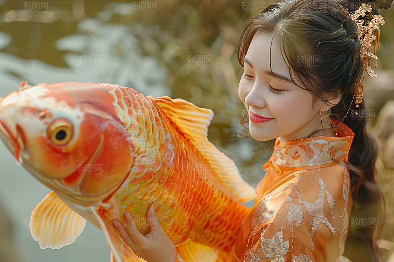 锦鲤汉服美女优雅吉祥素材