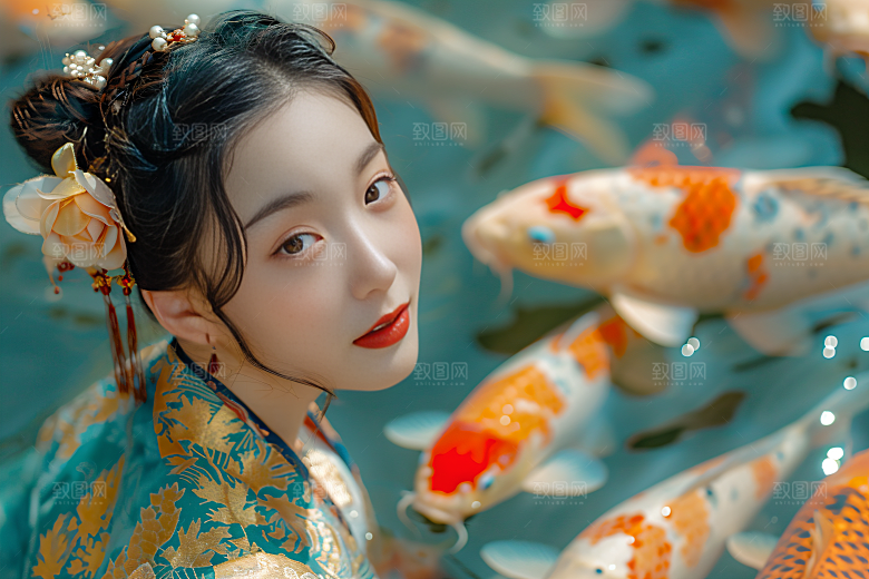 锦鲤汉服美女古风中国风素材