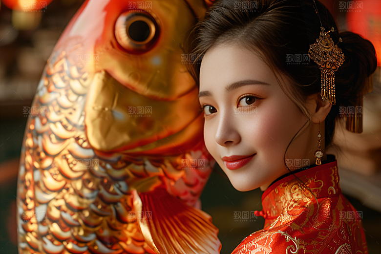锦鲤汉服美女优雅精致素材