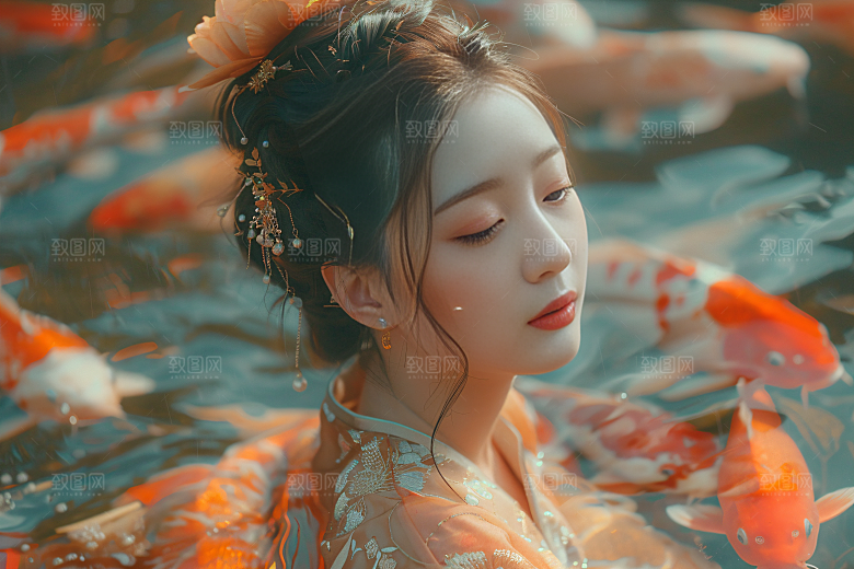 锦鲤汉服美女传统高清素材