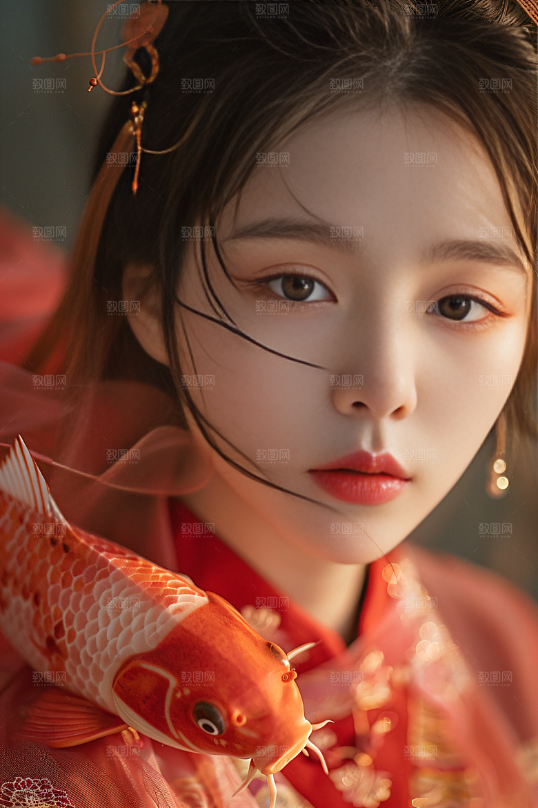 锦鲤汉服美女中国风精致素材