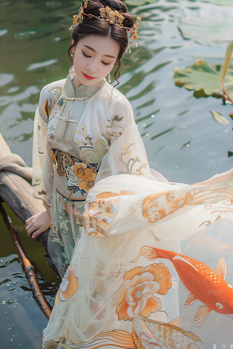 锦鲤汉服美女唯美人像素材