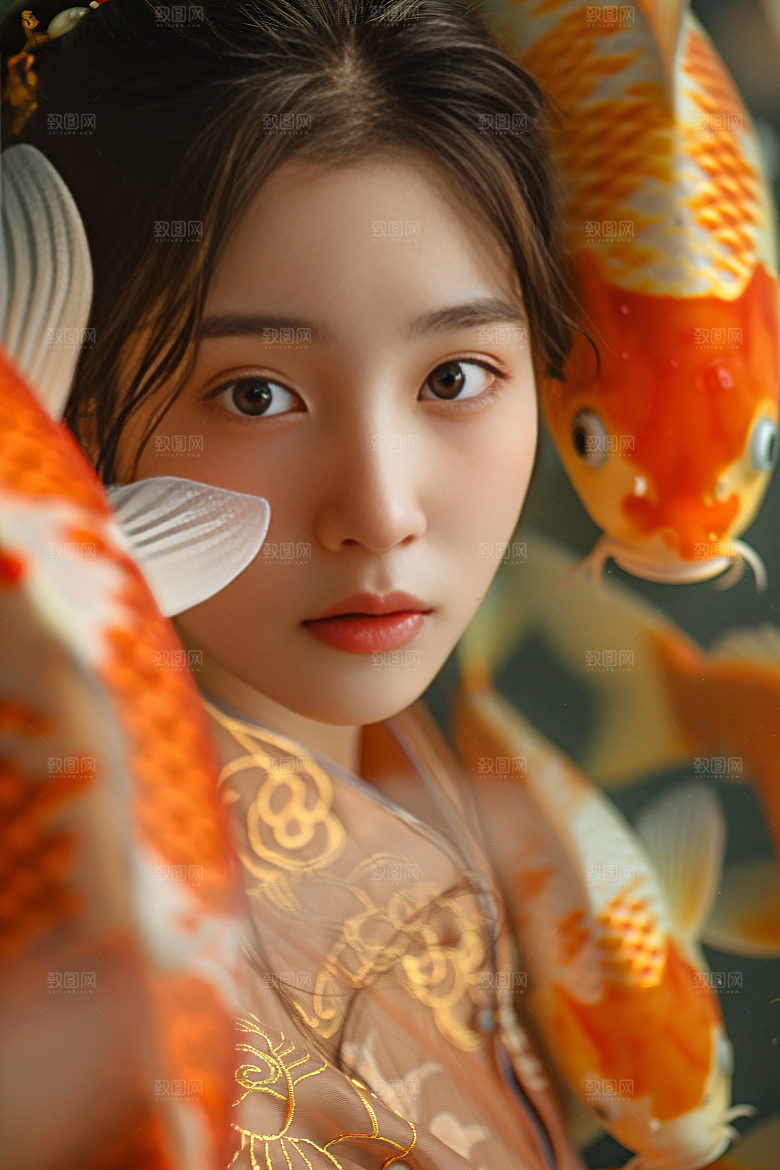 锦鲤汉服美女传统中国风素材