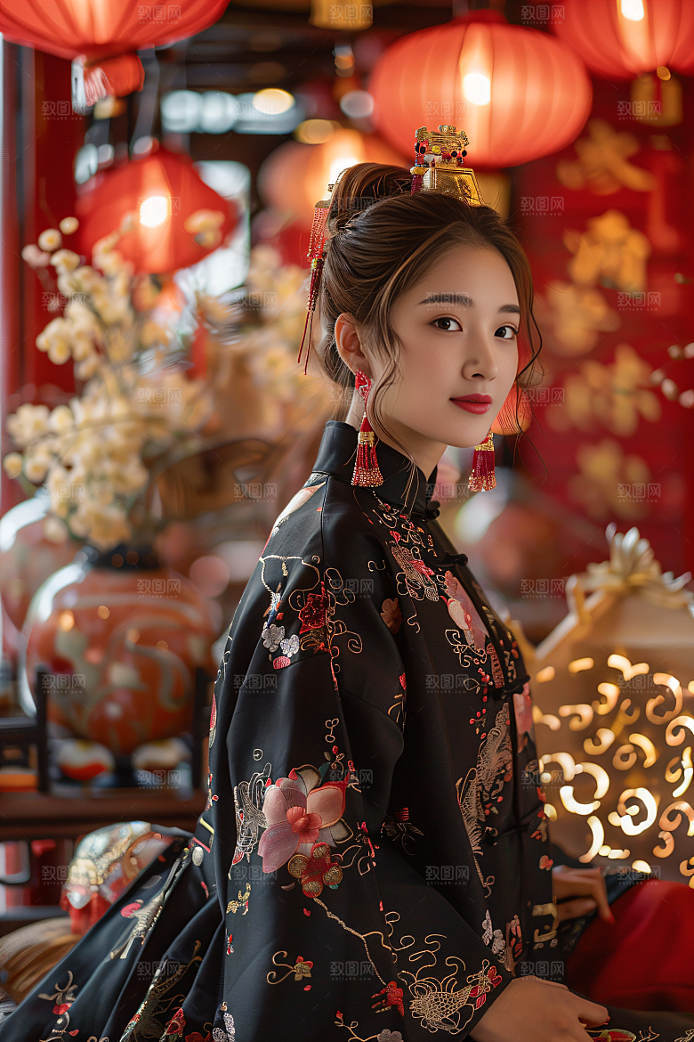 锦鲤汉服美女古风唯美素材