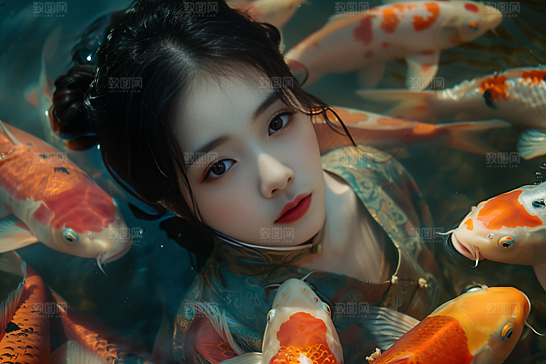 锦鲤汉服美女古风吉祥素材