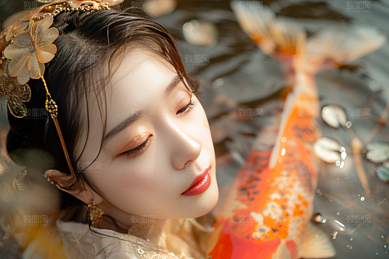 锦鲤汉服美女吉祥金鱼素材