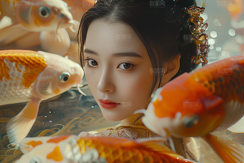 锦鲤汉服美女金鱼精致素材