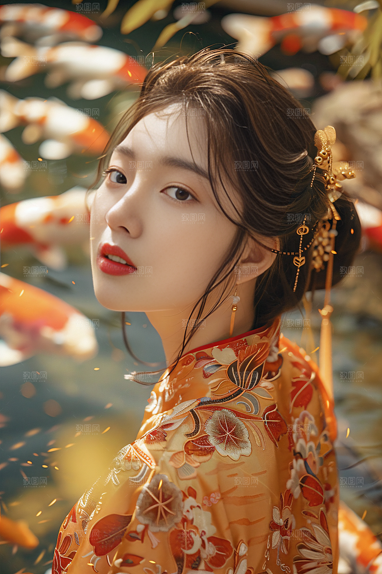 锦鲤汉服美女传统吉祥素材