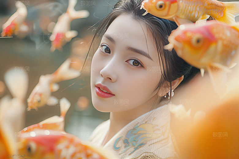 锦鲤汉服美女中国风精致素材