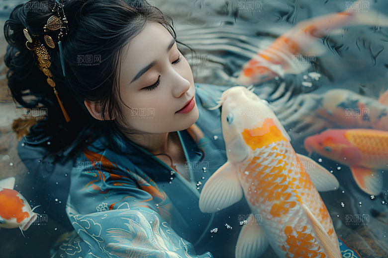 锦鲤汉服美女唯美古风素材