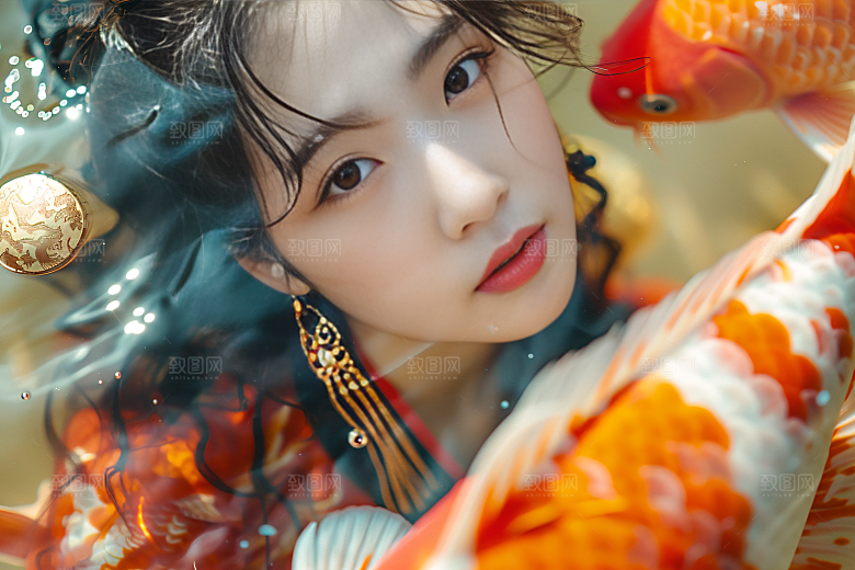 锦鲤汉服美女优雅精致素材