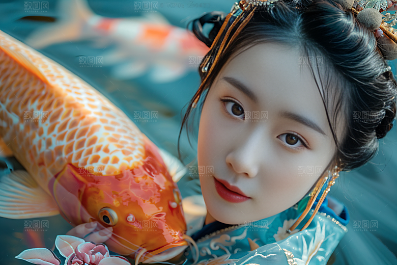 锦鲤汉服美女精致人像素材