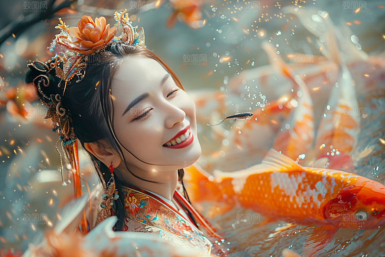 锦鲤汉服美女古风人像素材