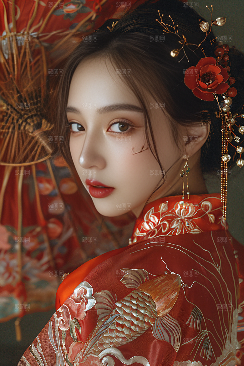 锦鲤汉服美女传统古风素材