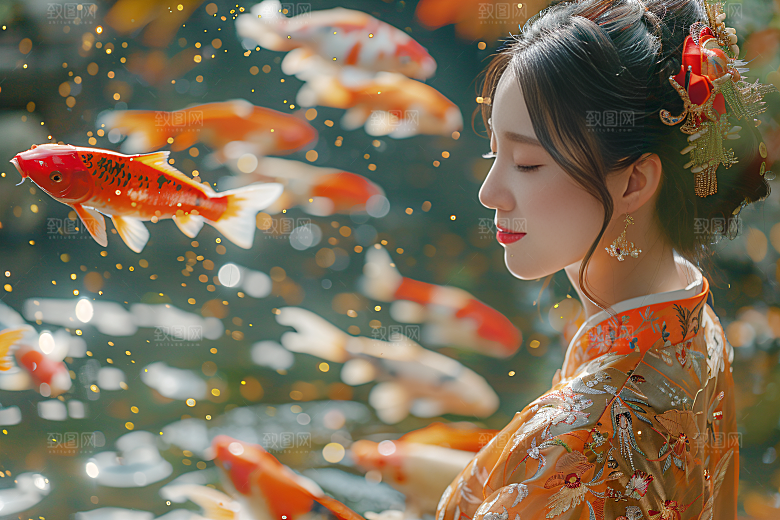 锦鲤汉服美女金鱼优雅素材