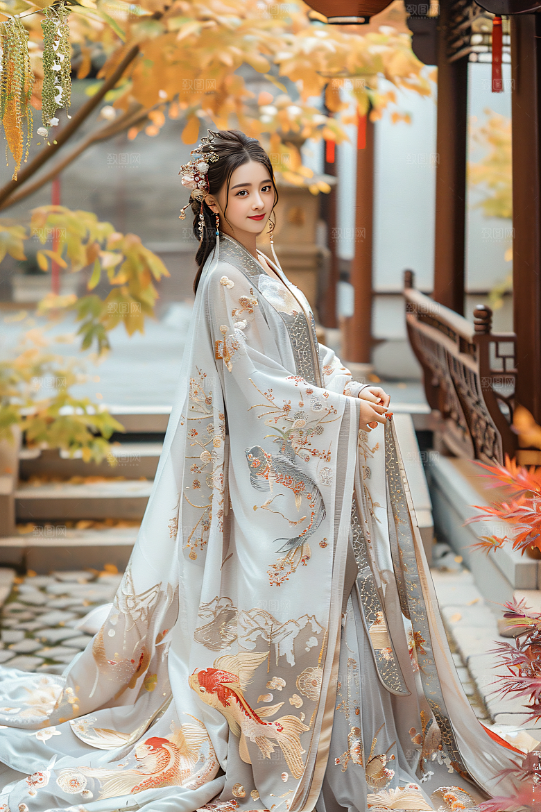 锦鲤汉服美女吉祥金鱼素材