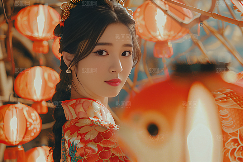 锦鲤汉服美女古风人像素材