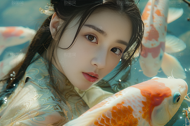锦鲤汉服美女精致唯美素材