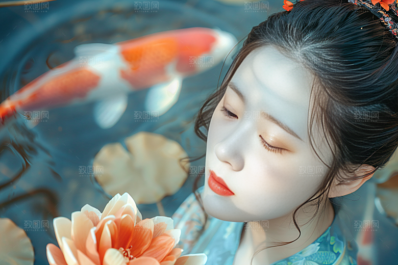 锦鲤汉服美女金鱼吉祥素材