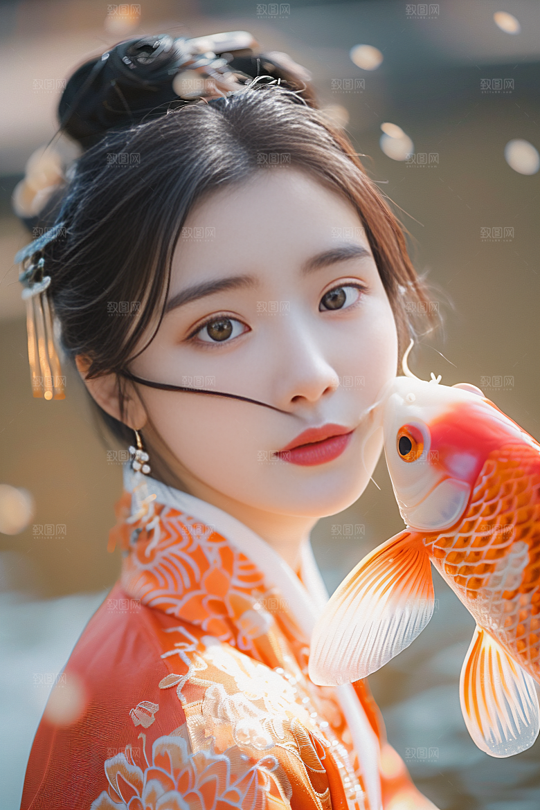 锦鲤汉服美女高清金鱼素材