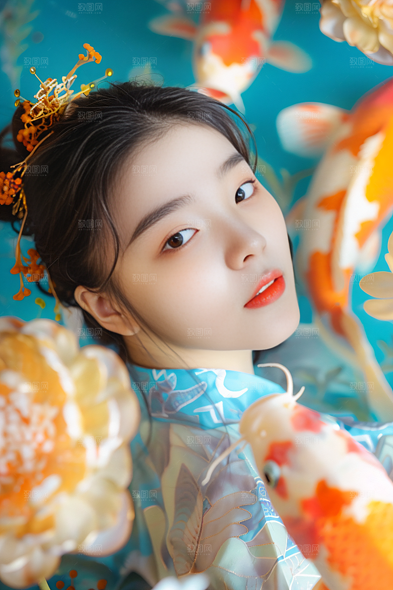 锦鲤汉服美女传统古风素材