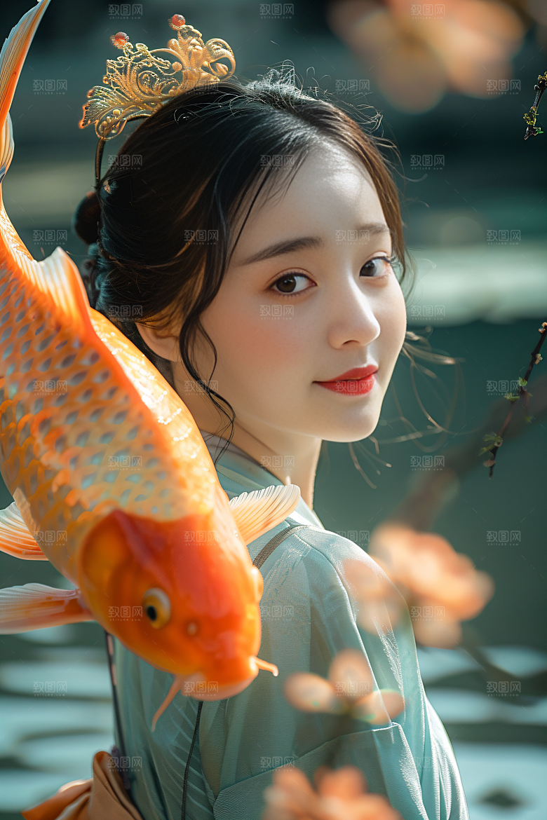 锦鲤汉服美女高清传统素材