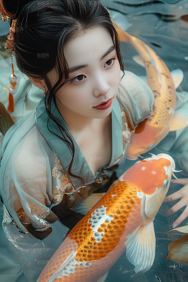 锦鲤汉服美女古风优雅素材