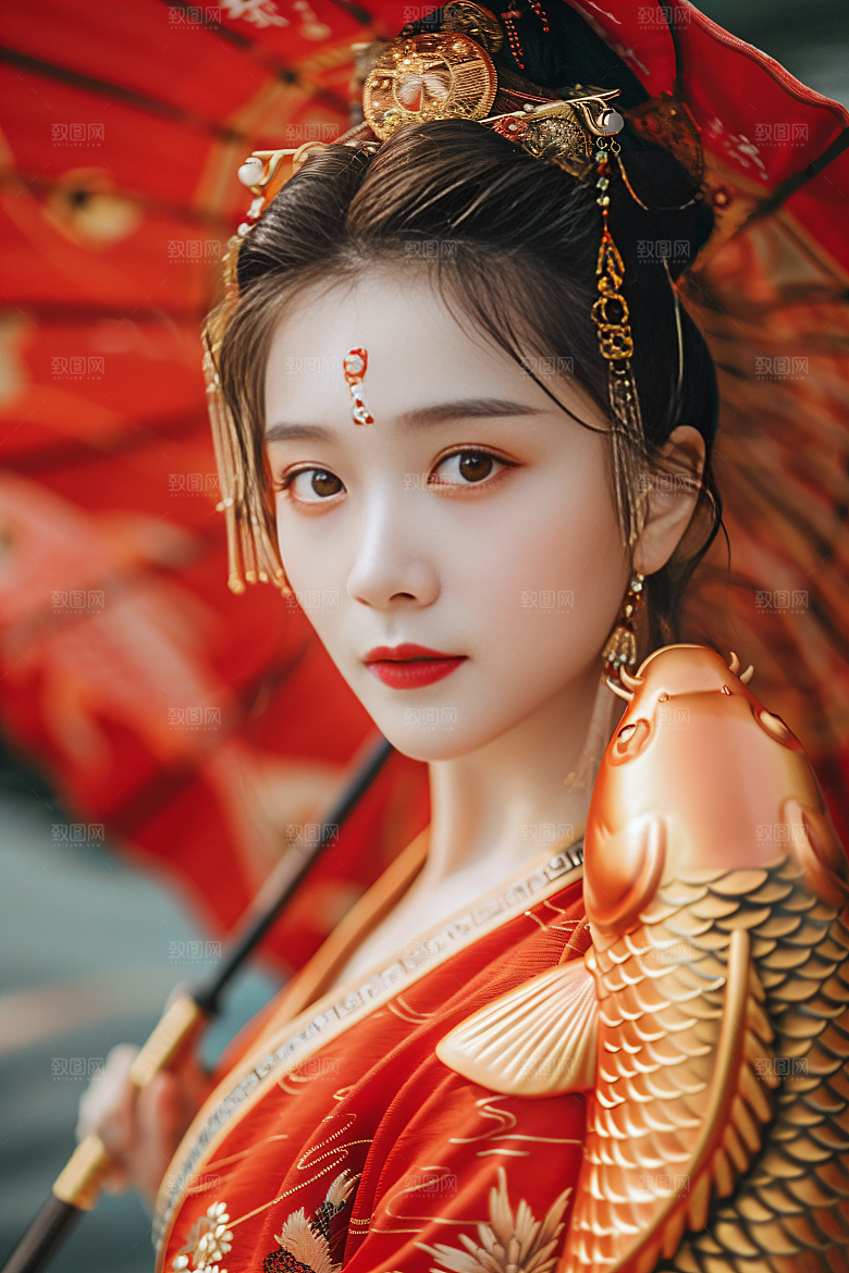锦鲤汉服美女传统优雅素材