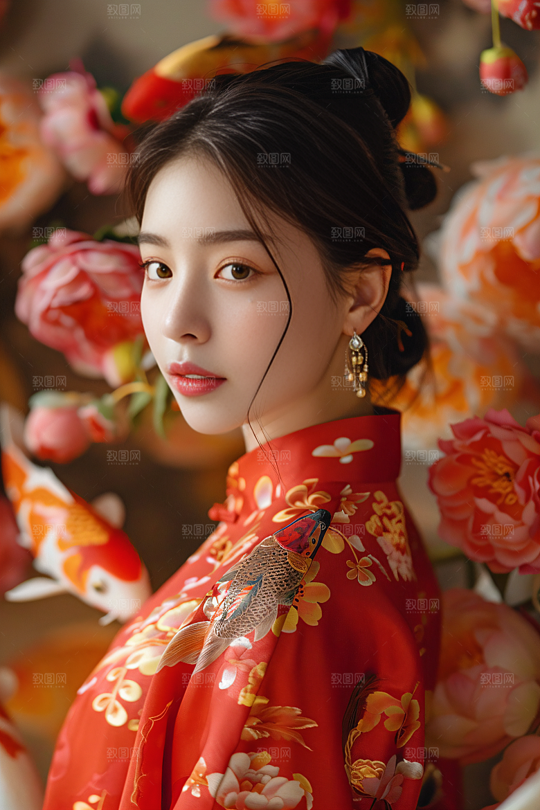 锦鲤汉服美女唯美金鱼素材
