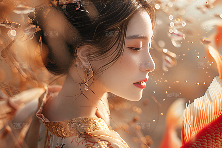 锦鲤汉服美女传统肖像素材