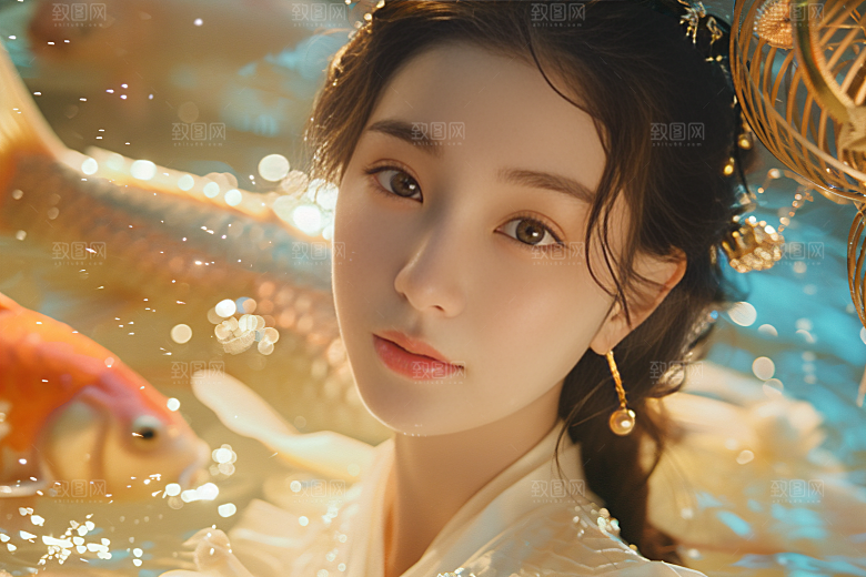 锦鲤汉服美女金鱼古风素材