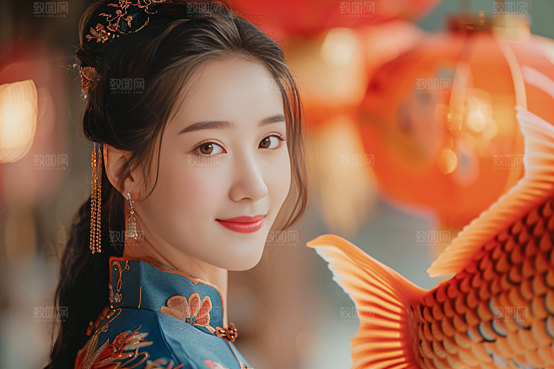 锦鲤汉服美女传统肖像素材