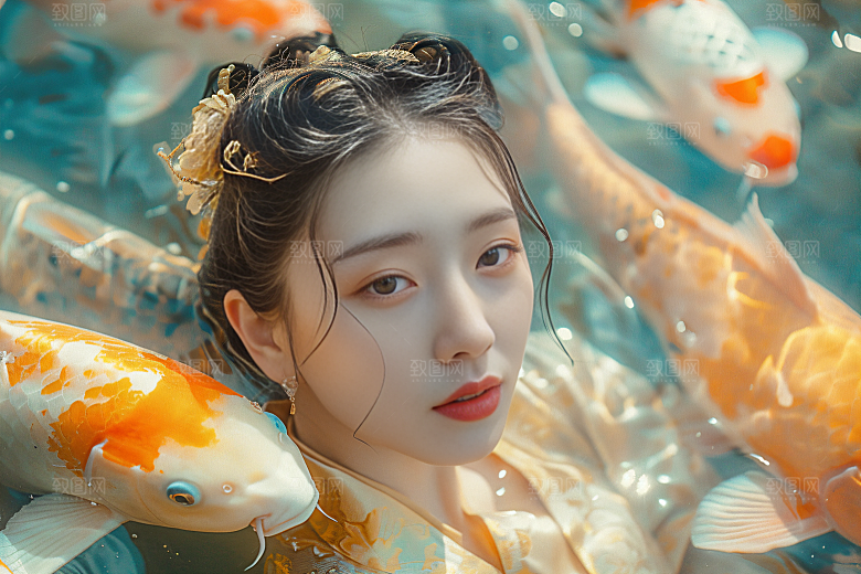 锦鲤汉服美女中国风精致素材