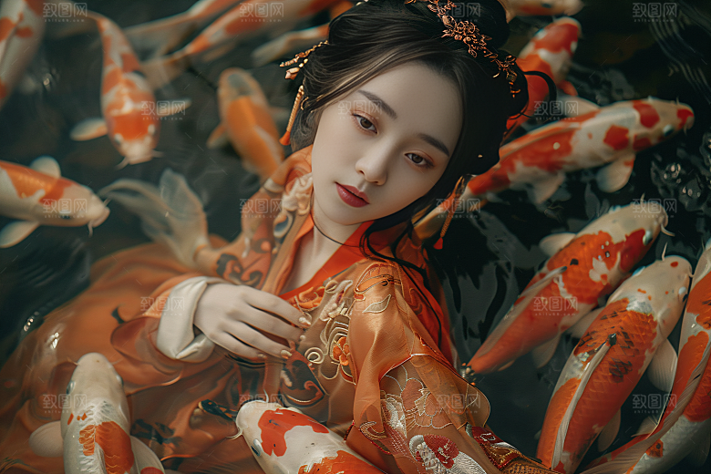锦鲤汉服美女古风吉祥素材