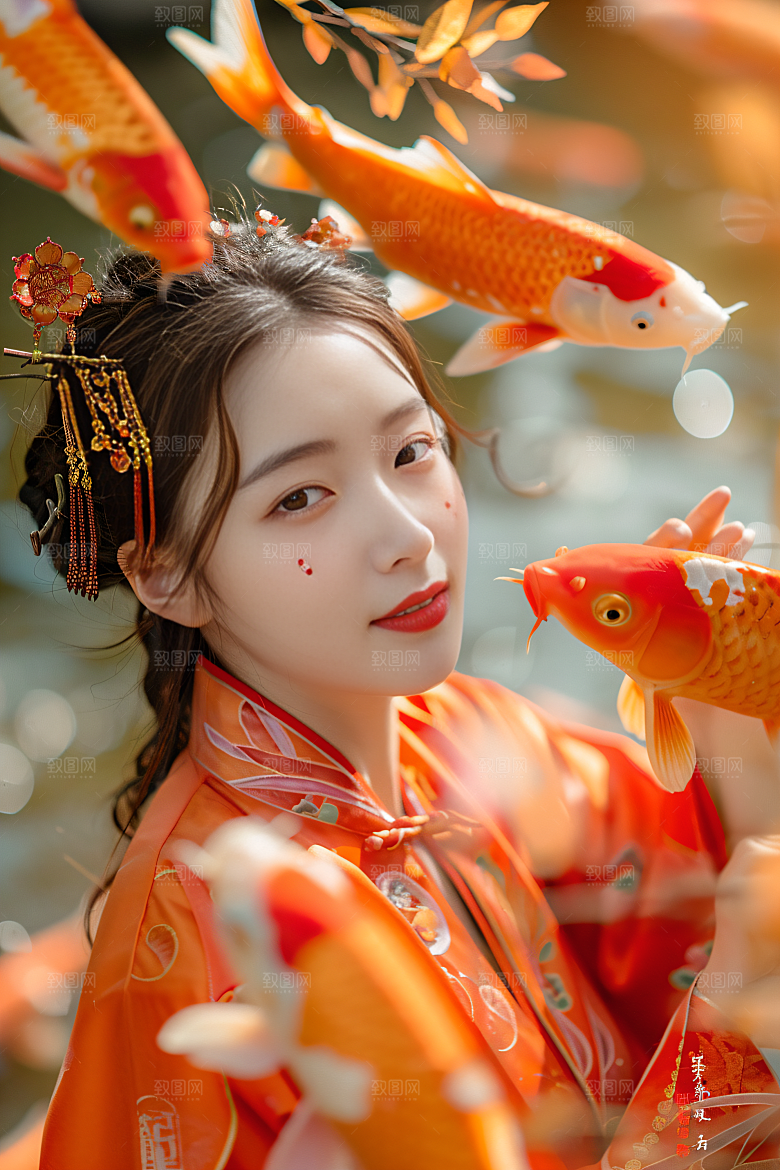 锦鲤汉服美女金鱼传统素材