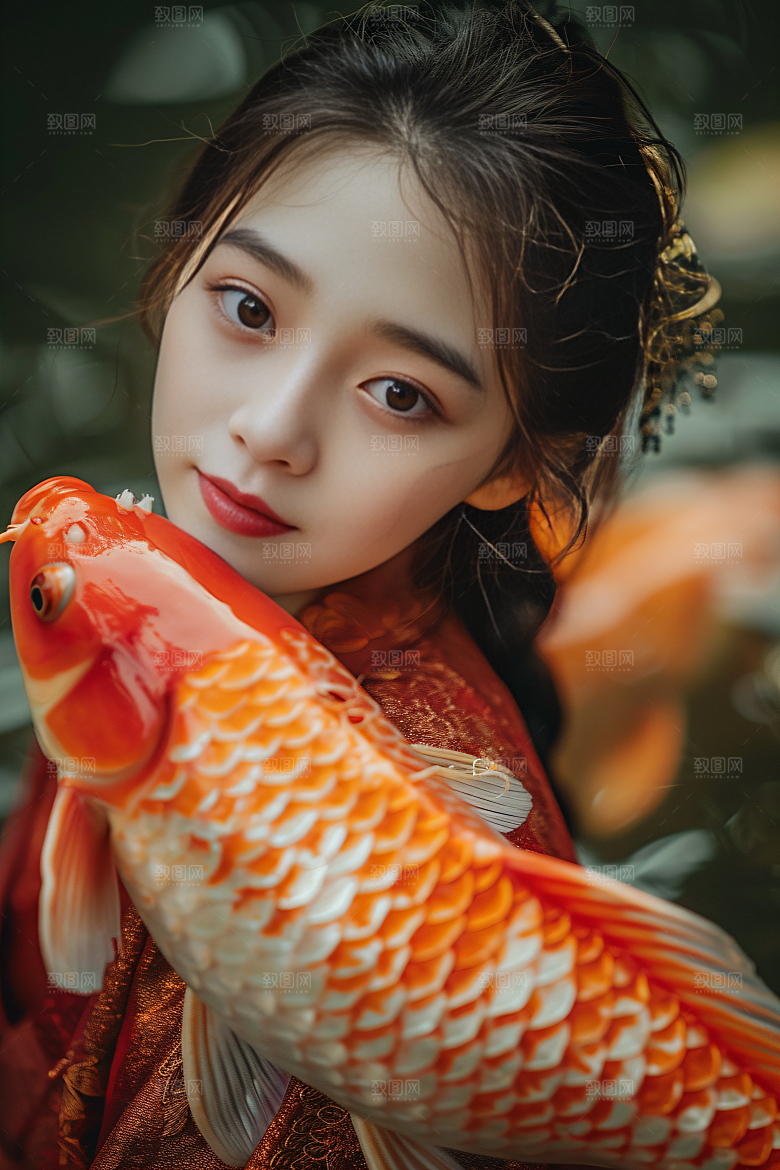 锦鲤汉服美女吉祥古风素材
