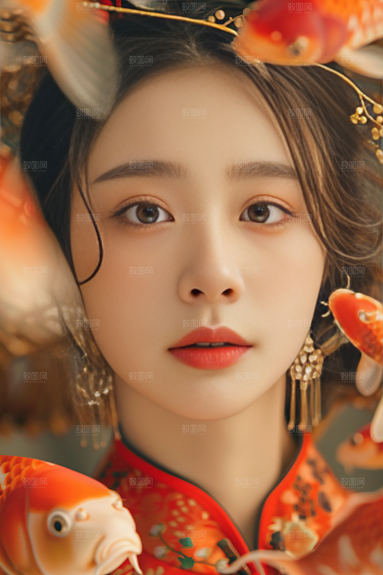 锦鲤汉服美女古风金鱼素材