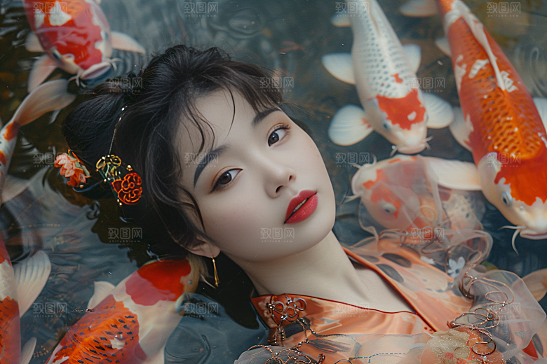 锦鲤汉服美女古风吉祥素材