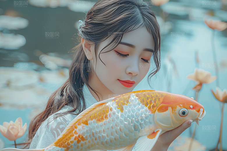 锦鲤汉服美女金鱼古风素材