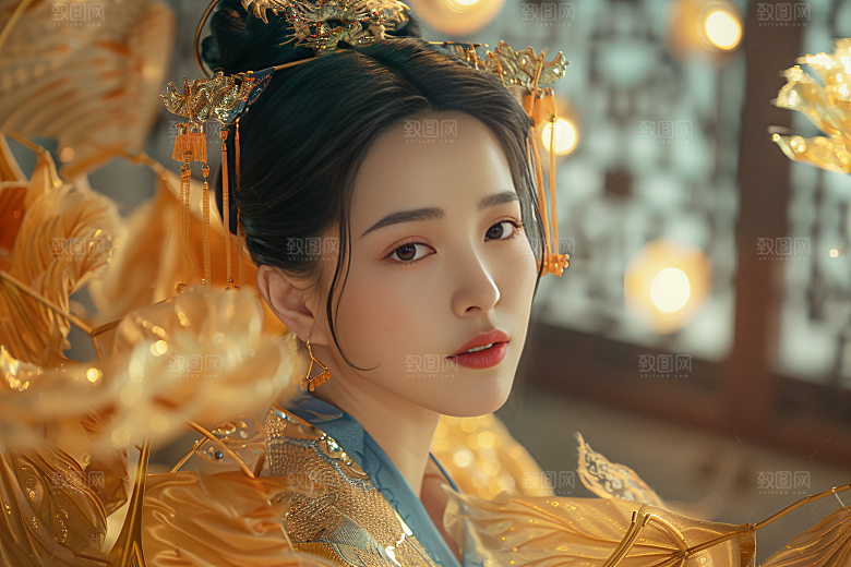 锦鲤汉服美女唯美吉祥素材