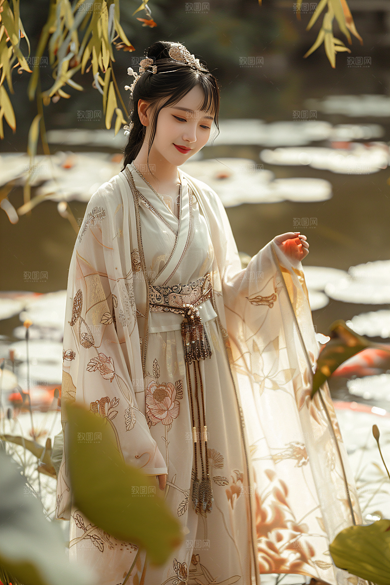 锦鲤汉服美女高清传统素材