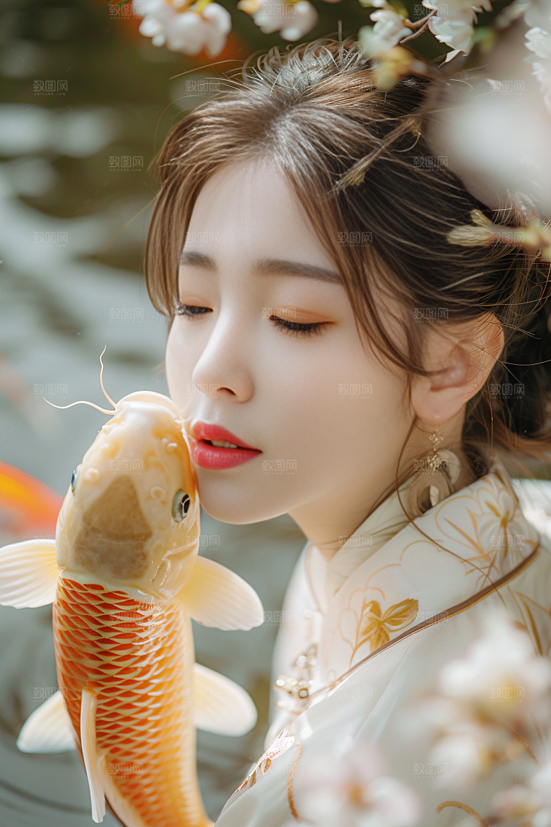 锦鲤汉服美女金鱼精致素材
