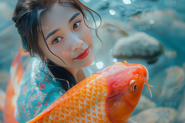 锦鲤汉服美女优雅中国风素材