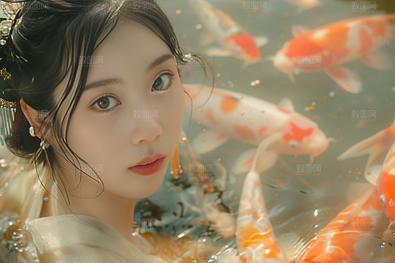锦鲤汉服美女肖像优雅素材