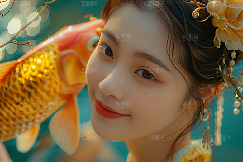 锦鲤汉服美女传统中国风素材